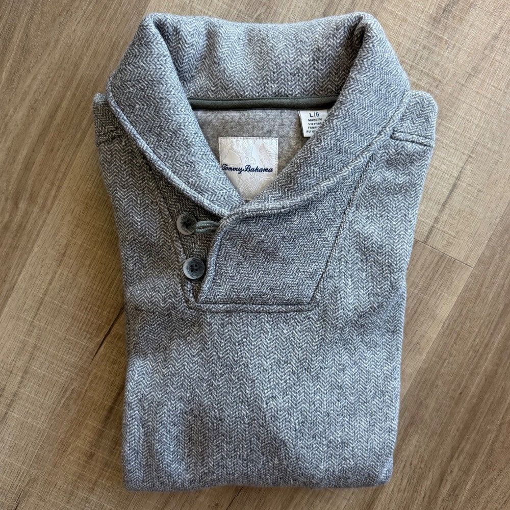 Tommy Bahama Mens Grey Herringbone Shawl Collar Pullover Sweater Large L